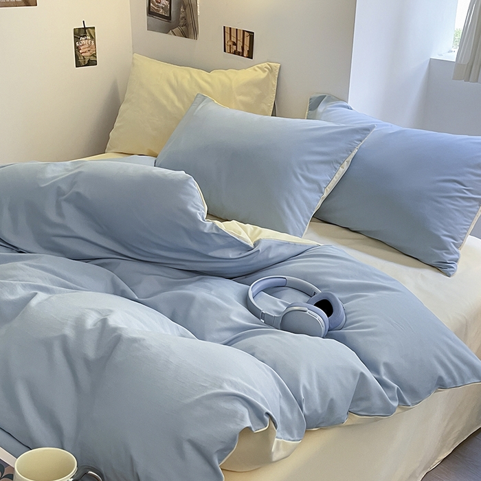 91家纺网 家纺一手货源 找家纺 米粒  2024新款纯色简约双拼磨毛四件套 蓝+奶黄