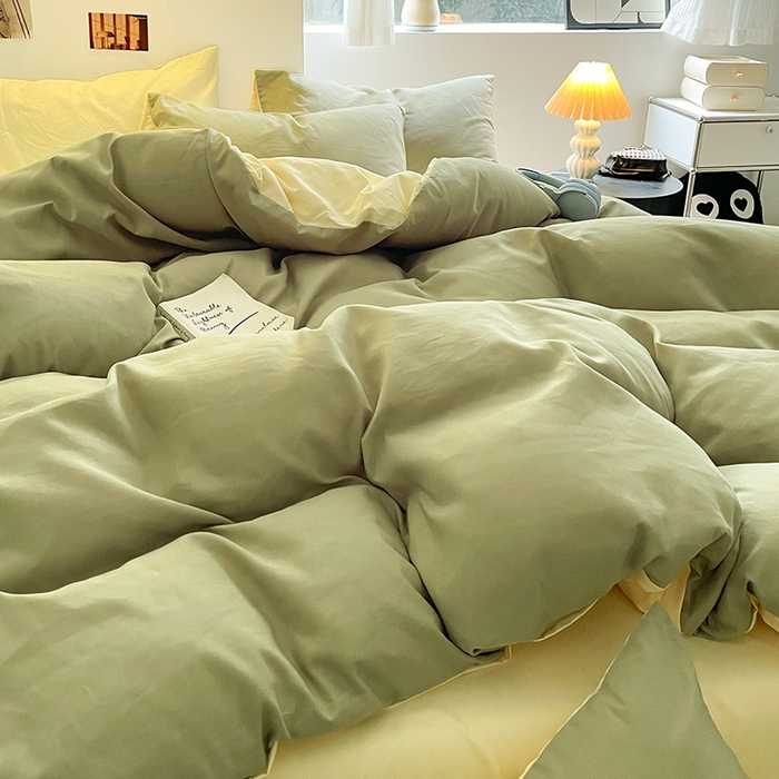 91家纺网 家纺一手货源 找家纺 米粒  2024新款纯色简约双拼磨毛四件套 抹茶+奶黄