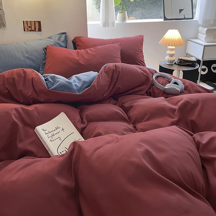 91家纺网 家纺一手货源 找家纺 米粒  2024新款纯色简约双拼磨毛四件套 博肯红+蓝