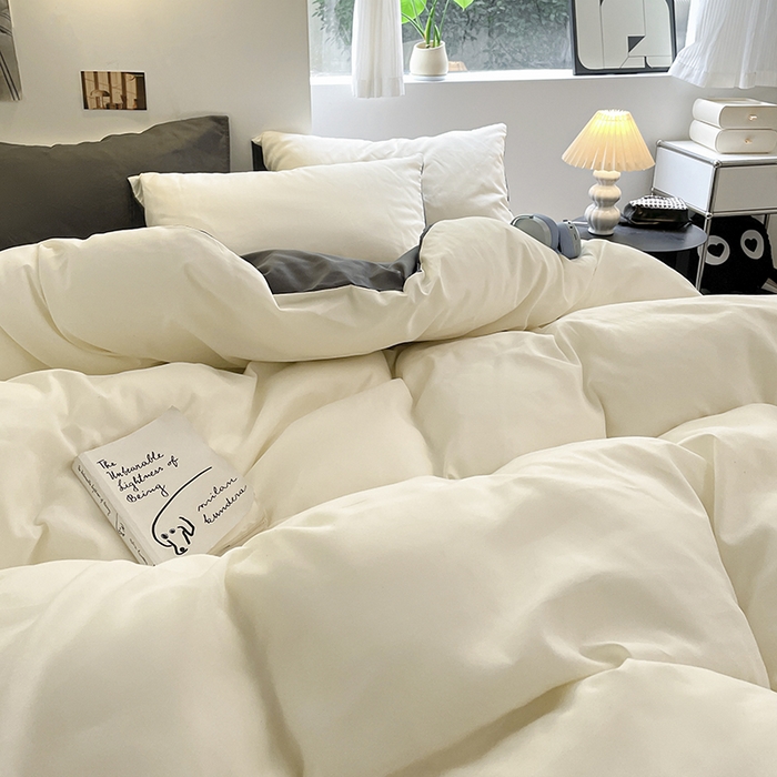 91家纺网 家纺一手货源 找家纺 米粒  2024新款纯色简约双拼磨毛四件套 白+灰