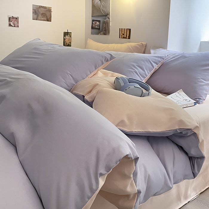 91家纺网 家纺一手货源 找家纺 米粒  2024新款纯色简约双拼磨毛四件套 紫+粉雨