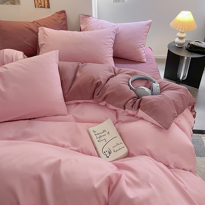 91家纺网 家纺一手货源 找家纺 米粒  2024新款纯色简约双拼磨毛四件套 粉+豆沙