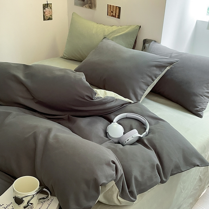 91家纺网 家纺一手货源 找家纺 米粒  2024新款纯色简约双拼磨毛四件套 深灰+抹茶