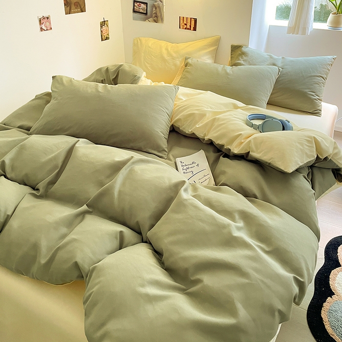 91家纺网 家纺一手货源 找家纺 米粒  2024新款纯色简约双拼磨毛四件套 抹茶+奶黄