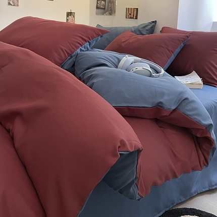 米粒  2024新款纯色简约双拼磨毛四件套 博肯红+蓝