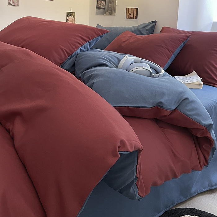 91家纺网 家纺一手货源 找家纺 米粒  2024新款纯色简约双拼磨毛四件套 博肯红+蓝