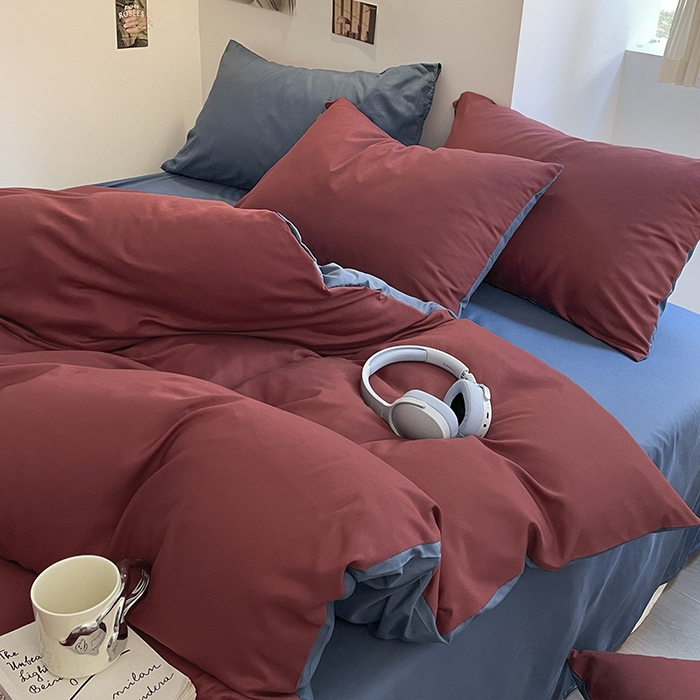 91家纺网 家纺一手货源 找家纺 米粒  2024新款纯色简约双拼磨毛四件套 博肯红+蓝