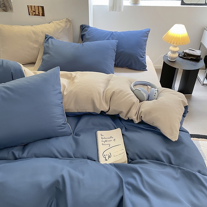 91家纺网 家纺一手货源 找家纺 米粒  2024新款纯色简约双拼磨毛四件套 宝蓝+大麦灰