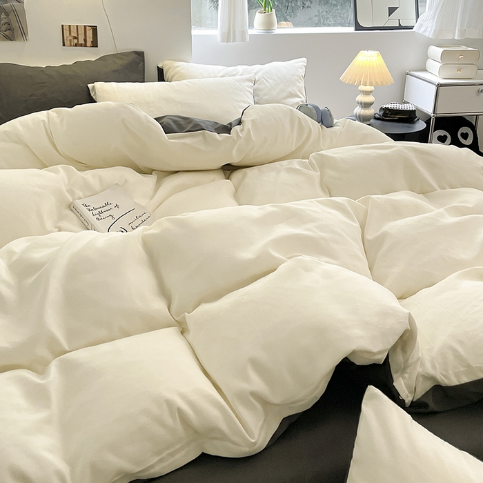 91家纺网 家纺一手货源 找家纺 米粒  2024新款纯色简约双拼磨毛四件套 白+灰