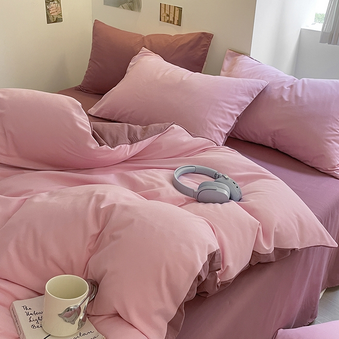 91家纺网 家纺一手货源 找家纺 米粒  2024新款纯色简约双拼磨毛四件套 粉+豆沙