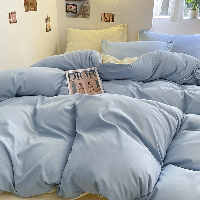 91家纺网 家纺一手货源 找家纺 米粒  2024新款纯色简约双拼磨毛四件套 蓝+奶黄