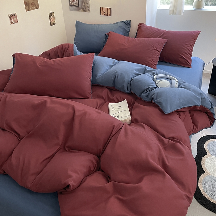 91家纺网 家纺一手货源 找家纺 米粒  2024新款纯色简约双拼磨毛四件套 博肯红+蓝