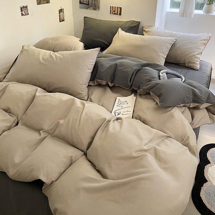 91家纺网 家纺一手货源 找家纺 米粒  2024新款纯色简约双拼磨毛四件套 咖+深灰