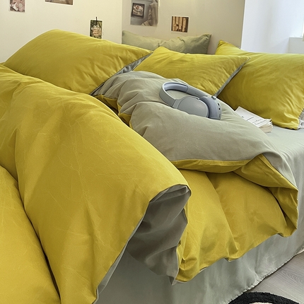 米粒  2024新款纯色简约双拼磨毛四件套 姜黄+抹茶