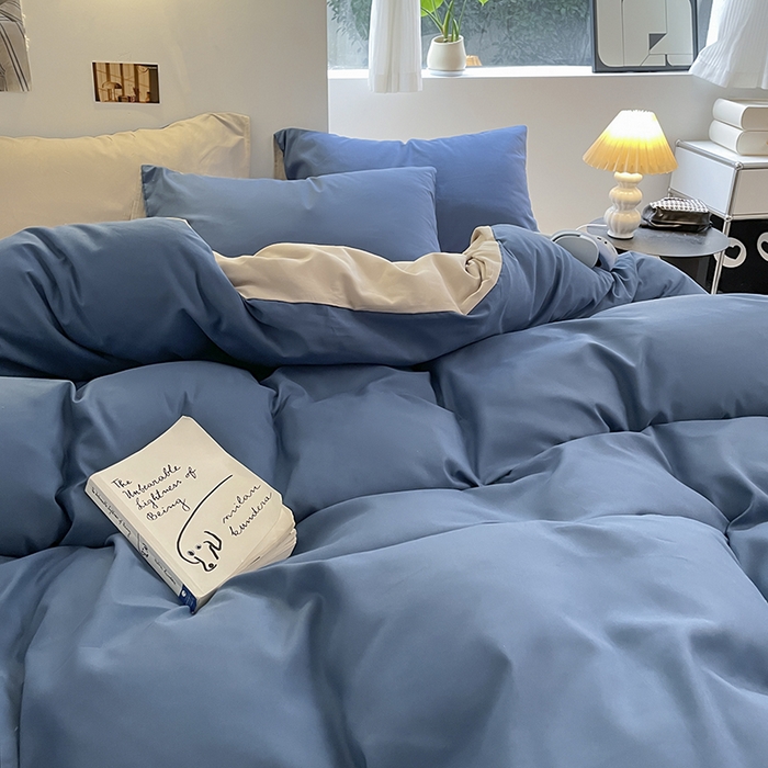 91家纺网 家纺一手货源 找家纺 米粒  2024新款纯色简约双拼磨毛四件套 宝蓝+大麦灰