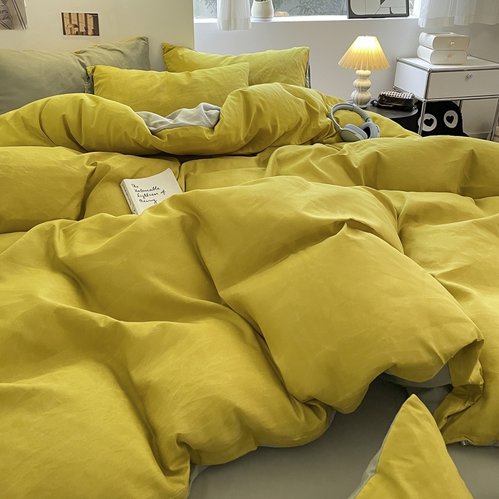 91家纺网 家纺一手货源 找家纺 米粒  2024新款纯色简约双拼磨毛四件套 姜黄+抹茶