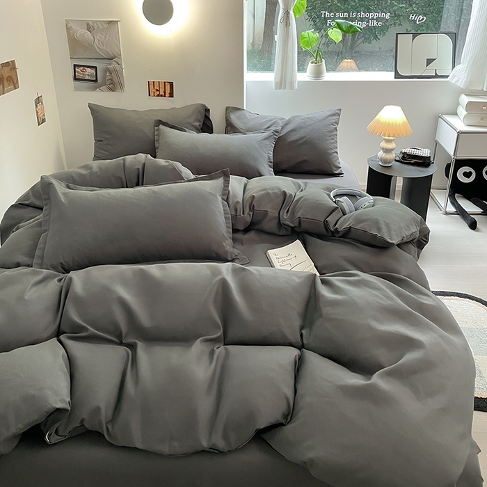 91家纺网 家纺一手货源 找家纺 米粒  2024新款纯色简约双拼磨毛四件套 高级灰