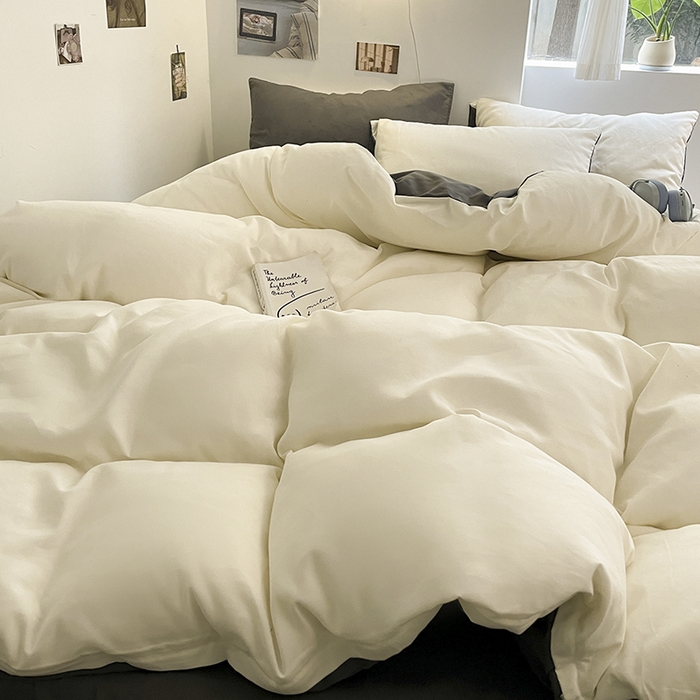 91家纺网 家纺一手货源 找家纺 米粒  2024新款纯色简约双拼磨毛四件套 白+灰