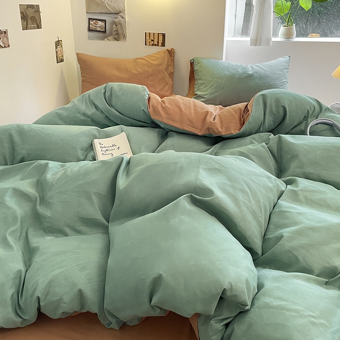 91家纺网 家纺一手货源 找家纺 米粒  2024新款纯色简约双拼磨毛四件套 薄荷+甜曲奇