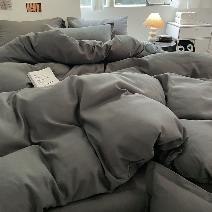 91家纺网 家纺一手货源 找家纺 米粒  2024新款纯色简约双拼磨毛四件套 高级灰