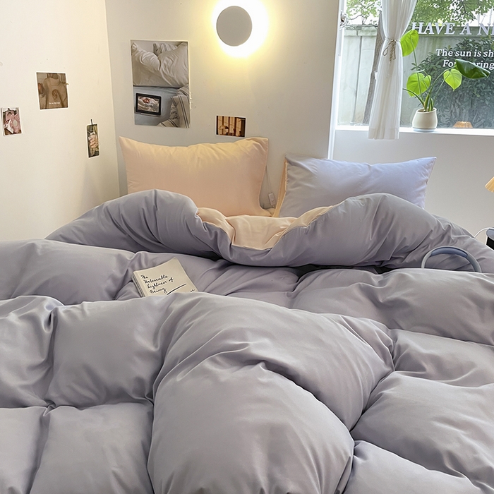 91家纺网 家纺一手货源 找家纺 米粒  2024新款纯色简约双拼磨毛四件套 紫+粉雨