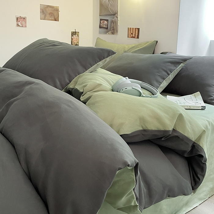 91家纺网 家纺一手货源 找家纺 米粒  2024新款纯色简约双拼磨毛四件套 深灰+抹茶