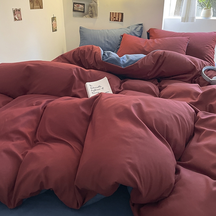 91家纺网 家纺一手货源 找家纺 米粒  2024新款纯色简约双拼磨毛四件套 博肯红+蓝