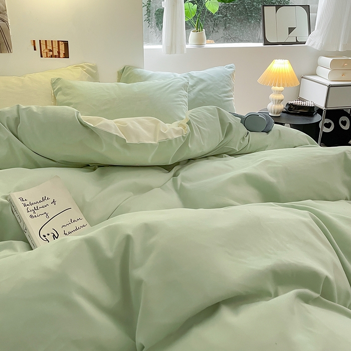 91家纺网 家纺一手货源 找家纺 米粒  2024新款纯色简约双拼磨毛四件套 水绿+奶白