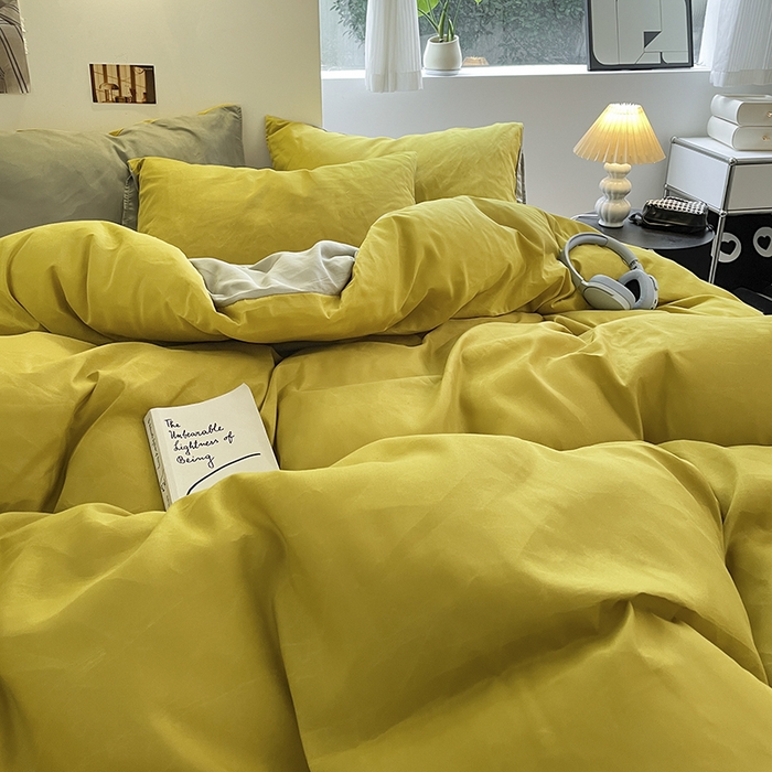 91家纺网 家纺一手货源 找家纺 米粒  2024新款纯色简约双拼磨毛四件套 姜黄+抹茶