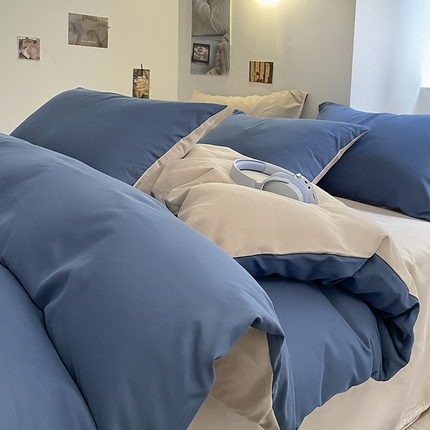 米粒  2024新款纯色简约双拼磨毛四件套 宝蓝+大麦灰