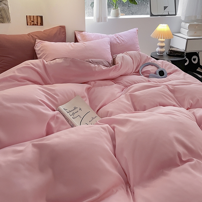 91家纺网 家纺一手货源 找家纺 米粒  2024新款纯色简约双拼磨毛四件套 粉+豆沙