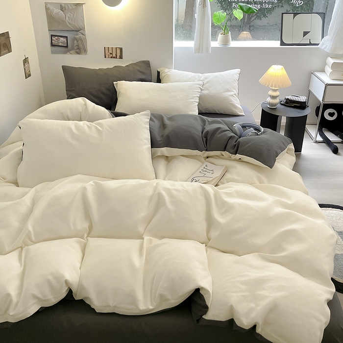 91家纺网 家纺一手货源 找家纺 米粒  2024新款纯色简约双拼磨毛四件套 白+灰