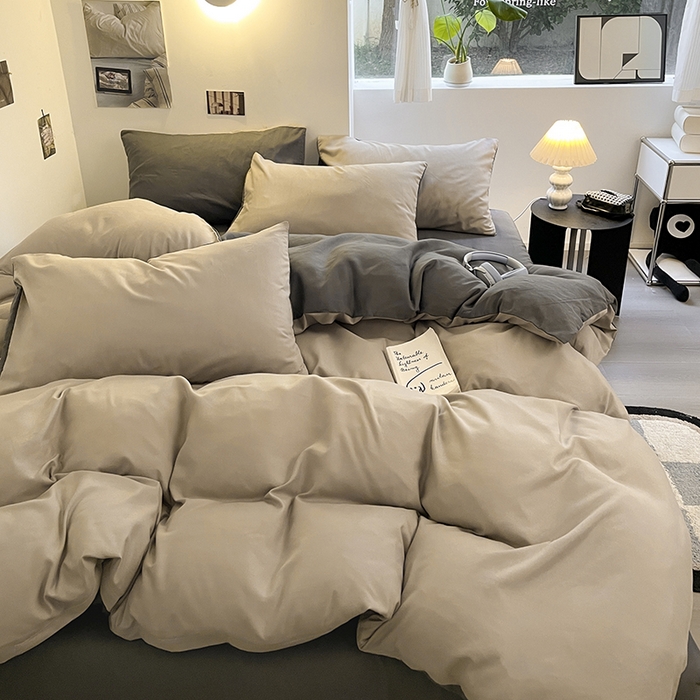 91家纺网 家纺一手货源 找家纺 米粒  2024新款纯色简约双拼磨毛四件套 咖+深灰