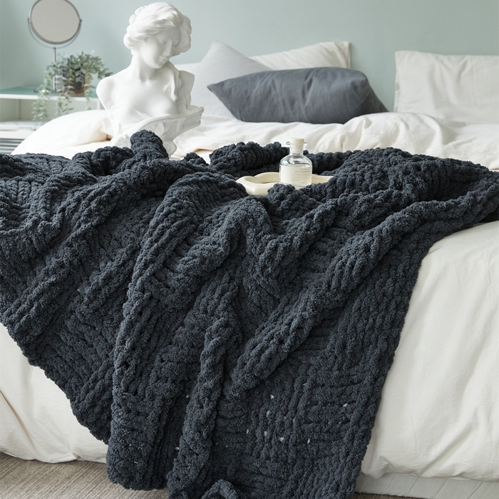 91家纺网 家纺一手货源 找家纺 暖绵绵 2025新款雪尼尔毛毯-思摩尔（小格子） 思摩尔-深灰