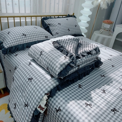 韩版纯棉豆豆被床盖四件套春秋被加厚冬被同款纯棉被套砂洗棉花床盖三件套四季通用 灰色蝴蝶结