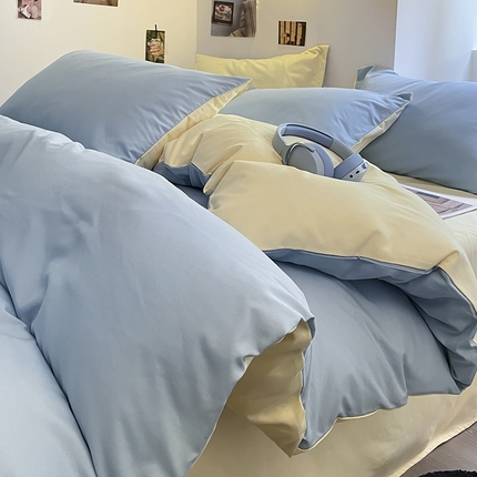 米粒  2024新款纯色简约双拼磨毛四件套 蓝+奶黄