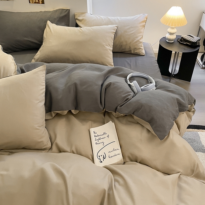 91家纺网 家纺一手货源 找家纺 米粒  2024新款纯色简约双拼磨毛四件套 咖+深灰