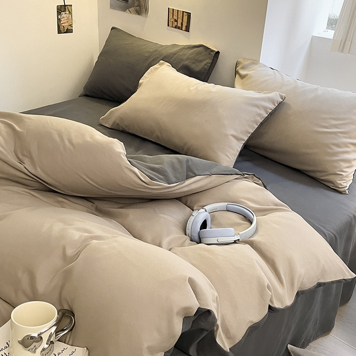 91家纺网 家纺一手货源 找家纺 米粒  2024新款纯色简约双拼磨毛四件套 咖+深灰