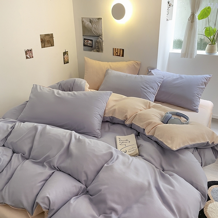 91家纺网 家纺一手货源 找家纺 米粒  2024新款纯色简约双拼磨毛四件套 紫+粉雨