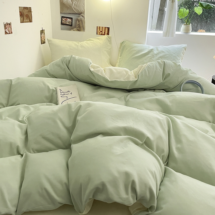 91家纺网 家纺一手货源 找家纺 米粒  2024新款纯色简约双拼磨毛四件套 水绿+奶白