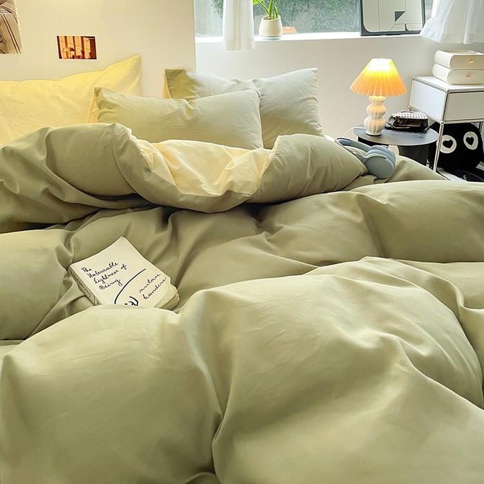 91家纺网 家纺一手货源 找家纺 米粒  2024新款纯色简约双拼磨毛四件套 抹茶+奶黄