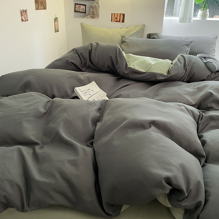 91家纺网 家纺一手货源 找家纺 米粒  2024新款纯色简约双拼磨毛四件套 深灰+抹茶