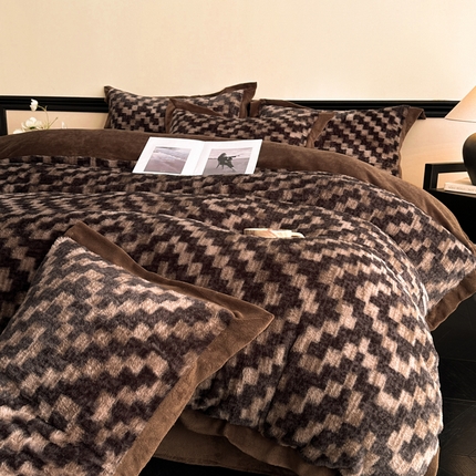 丝印良品 2024秋冬新款丹麦绒宽边牛奶绒四件套 宽边兔绒-棋盘格