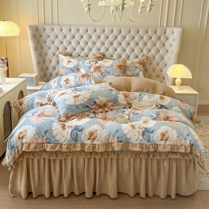 91家纺网 家纺一手货源 找家纺 （总）2024新款印花牛奶绒夹棉床笠式床裙四件套