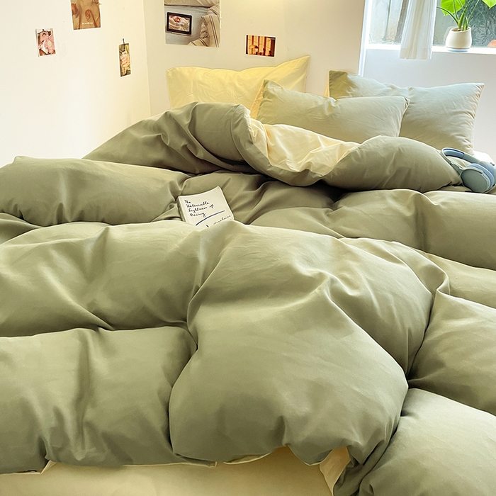 91家纺网 家纺一手货源 找家纺 米粒  2024新款纯色简约双拼磨毛四件套 抹茶+奶黄