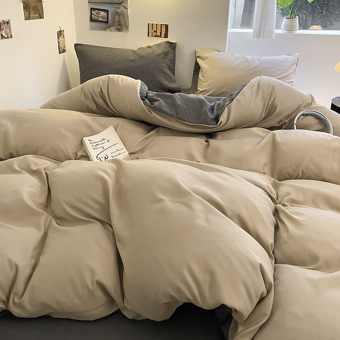 91家纺网 家纺一手货源 找家纺 米粒  2024新款纯色简约双拼磨毛四件套 咖+深灰