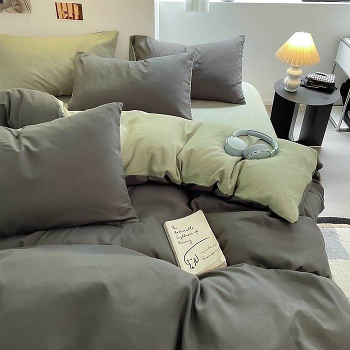 91家纺网 家纺一手货源 找家纺 米粒  2024新款纯色简约双拼磨毛四件套 深灰+抹茶