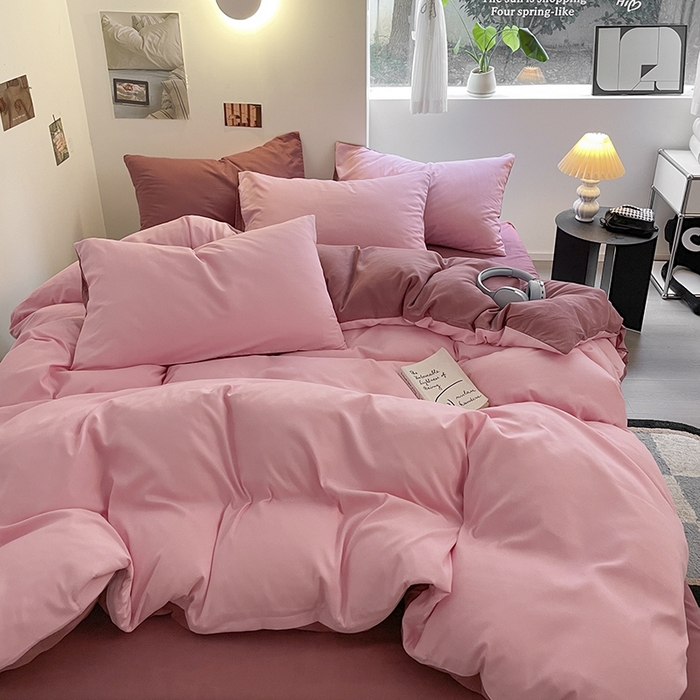 91家纺网 家纺一手货源 找家纺 米粒  2024新款纯色简约双拼磨毛四件套 粉+豆沙