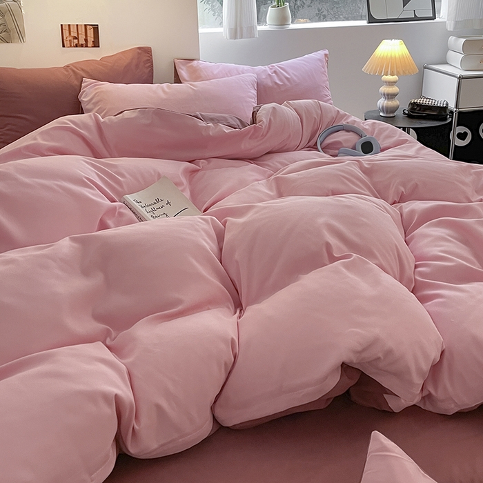 91家纺网 家纺一手货源 找家纺 米粒  2024新款纯色简约双拼磨毛四件套 粉+豆沙