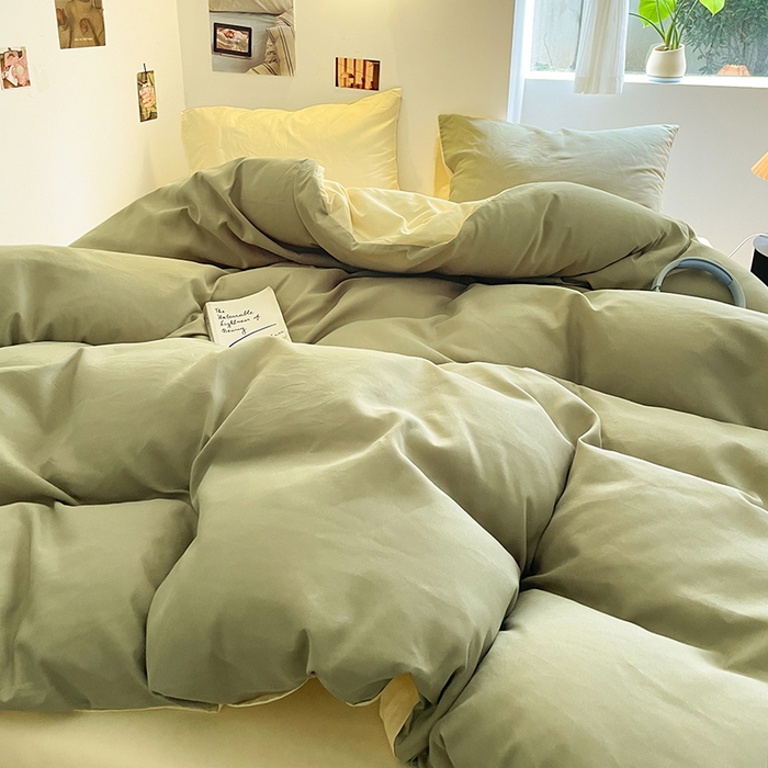 91家纺网 家纺一手货源 找家纺 米粒  2024新款纯色简约双拼磨毛四件套 抹茶+奶黄